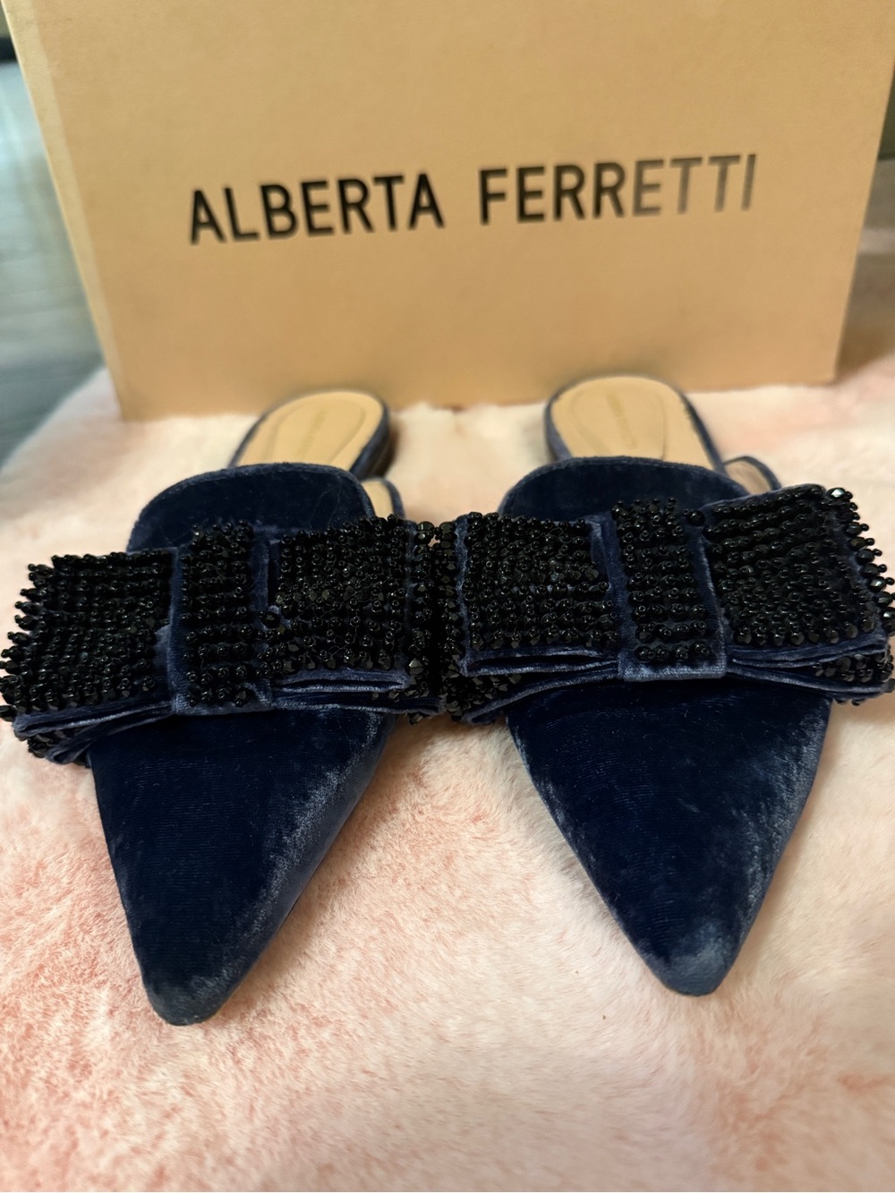 Alberta Ferretti Velvet Blue Bow Embellished Mules Flats EU 37 US 6 or 6.5
